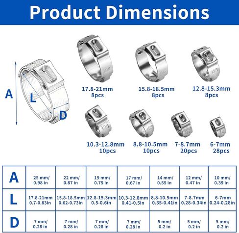 92 Pcs Single Ear Hose Clamps, 6-21mm Adjustable Stainless Steel Single Hose Crimp Clamps, Ear Stepless Pinch Clampss, Cinch Rings Assortment Kit for Automotive Home Plumbing Line Pipe Clips in Kuwait