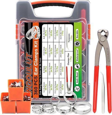 560Pcs Single Ear Hose Clamps Assortment Kit 304 Stainless Steel 22 Size(5.3-36.1mm) Cinch Crimp Hose Clamp Stepless Pinch Clamp with Tools for Plumbing/Garden/Automotive/Water Pipe/Radiator Pipe in Kuwait