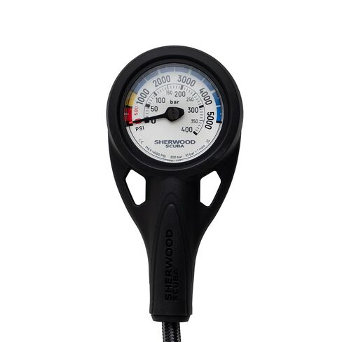 Sherwood Scuba Pressure Gauge Assembly with Braided Hose. Gauge Dial Reads Both Imperial (PSI) and Metric (BAR). in Saudi Arabia