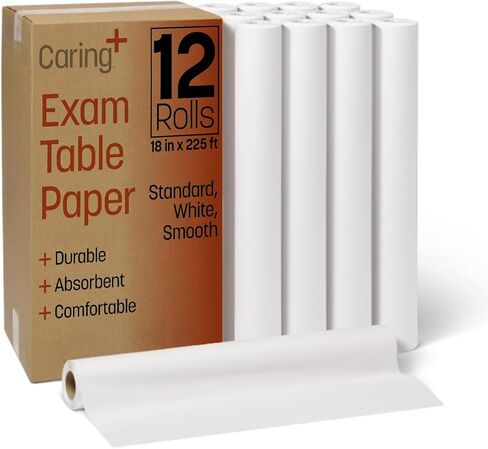 Caring Standard Medical Exam Table Paper, Smooth Finish, 18" x 225', Crepe, Pack of 12, Ideal for Doctor Offices, Crafts, Spas, Tattoo Parlors, and more, Hygienic Disposable Surface Protection in Kuwait