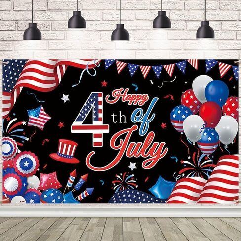 4th of July Banner Happy 4th of July USA Banner Memorial Patriotic Decorations for Independence Day Party Supplies Patriotic Theme Backdrop Poster for Indoor Outdoor Decor 70.8 x 43.3 inch Black in Saudi Arabia