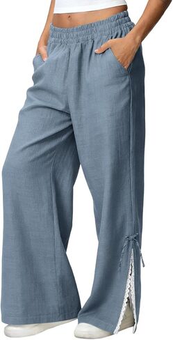 سراويل بالازو الكتانية للسيدات سراويل صيفية عالية الخصر غير رسمية من الدانتيل سراويل واسعة الساق 2026 ملابس للشاطئ والسفر والإجازات in Kuwait