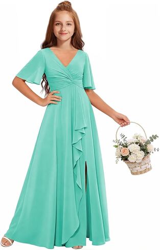 Junior Bridesmaid Dresses for Wedding Chiffon Flower Girl Dress Short Sleeve Teen Girls Wedding Guest Party Gowns in Kuwait