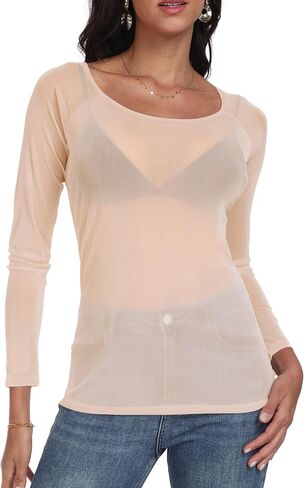 Mesh Tops for Women Long Sleeve Mock Neck Fitted Sexy Top Bodycon Clubwear Sheer Pure Mesh Tops T Shirts in Kuwait