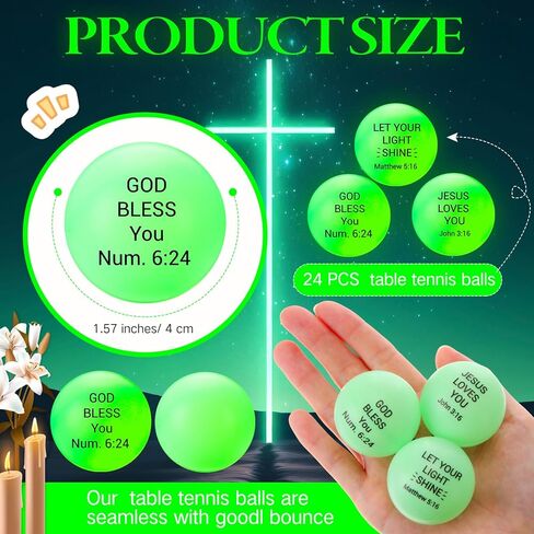 Soulchen 24 Pcs Easter Christian Balls Glow in the Dark Table Tennis 40mm Easter Bible Verse Balls Bulk Luminous Neon Ball Easters Green Gifts Ball Party Favor Reward, Church Activities, Basket Filler in Kuwait