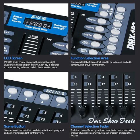 وحدة تحكم DMX احترافية من MINGJIE لأضواء DJ، 192 قناة، وحدة تحكم إضاءة المسرح DMX512 مع تنشيط الصوت، 30 بنك مشهد قابل للبرمجة، شاشة LED وكابل للديسكو، النادي، الحفلات والأحداث الحية in Kuwait