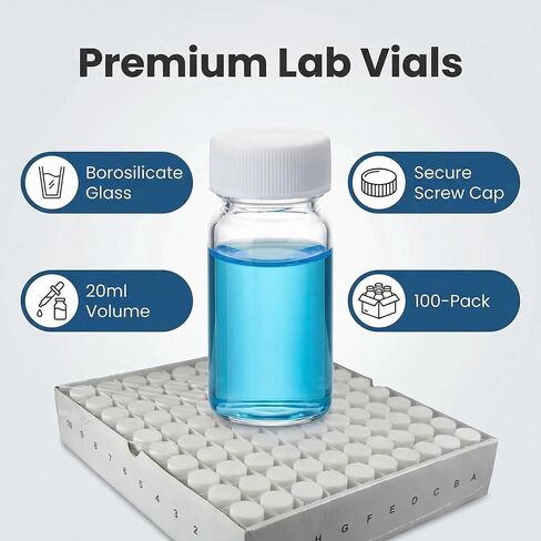 20ml Scintillation Vials 100 Pack - Borosilicate Glass with 22-400 White PP Screw Cap & Silver Aluminum Foil Liner for Lab Use in Kuwait