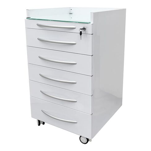 5 Drawer Medical Dental Assistant's Mobile Cabinet - Stainless Steel Rolling Storage Cart, 4 Casters and 2 ABS Trays, Glass Countertop, 17.7"x17.7"x30.3", for Clinic Hospital in Saudi Arabia