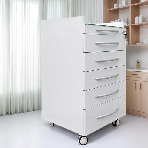 5 Drawer Medical Dental Assistant's Mobile Cabinet - Stainless Steel Rolling Storage Cart, 4 Casters and 2 ABS Trays, Glass Countertop, 17.7"x17.7"x30.3", for Clinic Hospital in Saudi Arabia