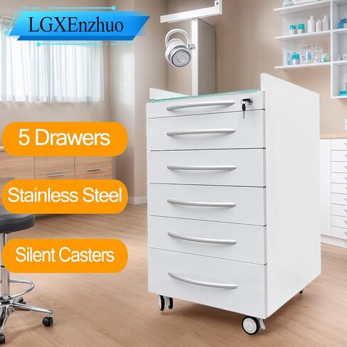 5 Drawer Medical Dental Assistant's Mobile Cabinet - Stainless Steel Rolling Storage Cart, 4 Casters and 2 ABS Trays, Glass Countertop, 17.7"x15.7"x31.5", for Clinic Hospital in Saudi Arabia