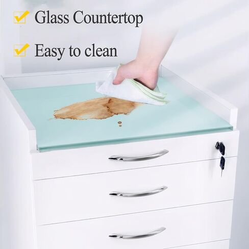 5 Drawer Medical Dental Assistant's Mobile Cabinet - Stainless Steel Rolling Storage Cart, 4 Casters and 2 ABS Trays, Glass Countertop, 17.7"x15.7"x31.5", for Clinic Hospital in Saudi Arabia