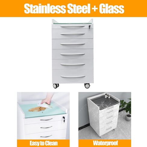 5 Drawer Medical Dental Assistant's Mobile Cabinet - Stainless Steel Rolling Storage Cart, 4 Casters and 2 ABS Trays, Glass Countertop, 17.7"x15.7"x31.5", for Clinic Hospital in Saudi Arabia