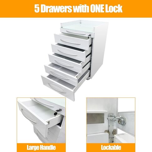 5 Drawer Medical Dental Assistant's Mobile Cabinet - Stainless Steel Rolling Storage Cart, 4 Casters and 2 ABS Trays, Glass Countertop, 17.7"x15.7"x31.5", for Clinic Hospital in Saudi Arabia