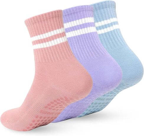 3 أزواج من جوارب البيلاتس مع مقابض للنساء، جوارب يوجا غير قابلة للانزلاق، جوارب بقبضة بار نقية لليوجا، الباليه، الرقص، تمرين حافي القدمين، صالة الألعاب الرياضية، المستشفى، المنزل (أرجواني، أزرق، وردي) in Kuwait