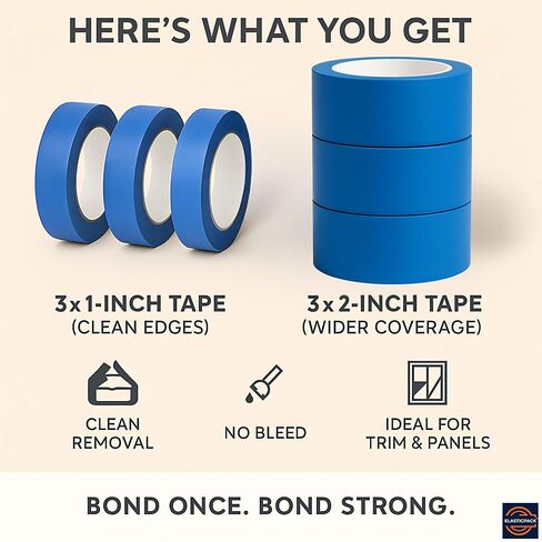 ثنائي حجم شريط الرسامين الأزرق - 2 بوصة عرض + 1 بوصة عرض، حزمة 6 لفات، 55 ياردة لكل قطعة، شريط قناع إزالة نظيف متعدد الأسطح، كريب مقاوم للأشعة فوق البنفسجية، لطلاء الجدران، والديكور والأثاث in Kuwait