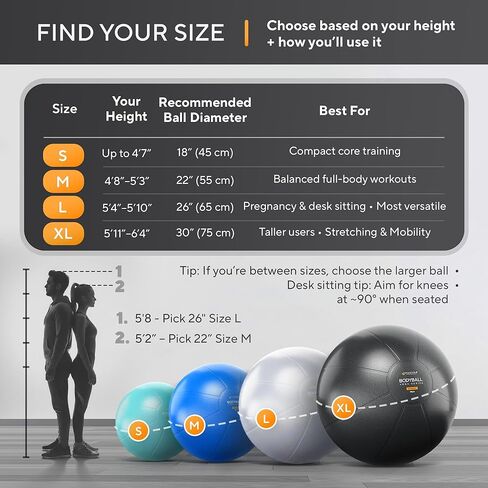 كرة تمرين مانترا سبورتس - كرة اليوجا للبيلاتس واللياقة البدنية - الولادة للحمل، والثبات، والتوازن، والعلاج لإعادة التأهيل البدني، والتمرين في صالة الألعاب الرياضية المنزلية وكرسي المكتب، وتتضمن مضخة سريعة in Kuwait