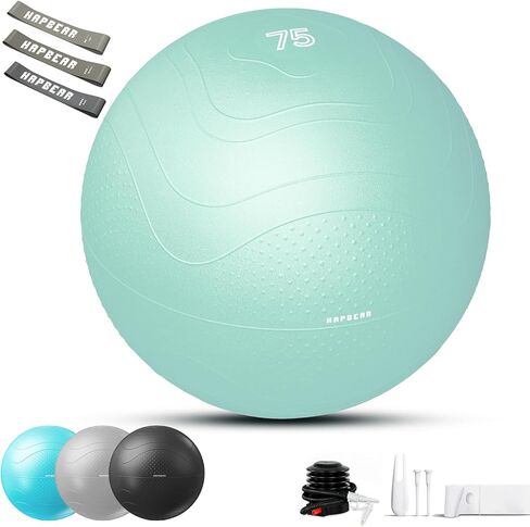 كرة تمرين هاببير (22 بوصة/26 بوصة/30 بوصة) - كرة يوجا/بيلاتيس مقاومة للانزلاق ومقاومة للانفجار للتدريب الأساسي وتحسين وضعية الجسم، صالة الألعاب الرياضية المنزلية/إعادة التأهيل/كرة الحمل، مضخة سريعة و3 أشرطة مقاومة متضمنة in Kuwait