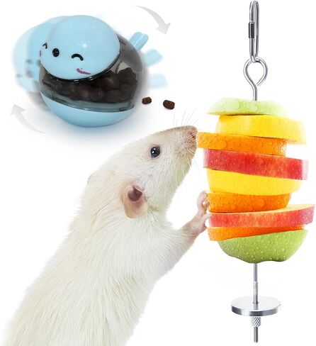 2PCS Rat Enrichment Toys Set - Stainless Steel Fruit/Veg Holder & Treat Dispenser, Interactive Foraging Puzzle Toys for Rats/Mice/Birds, Cage Accessories with Hanging Feeder & Intelligence Game in Kuwait