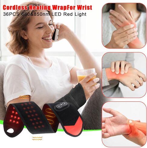 العلاج بالضوء الأحمر للمعصم، جهاز دعم نفق الرسغ مع اهتزاز حراري، مدلك المعصم مع 36 مصباح LED 660 نانومتر/850 نانومتر، لفافة وسادة تسخين لاسلكية، 3000 مللي أمبير قابلة لإعادة الشحن لراحة اليد والاسترخاء اليومي in Kuwait