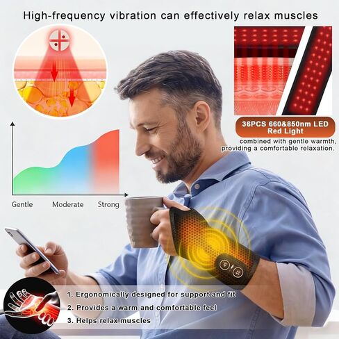 العلاج بالضوء الأحمر للمعصم، جهاز دعم نفق الرسغ مع اهتزاز حراري، مدلك المعصم مع 36 مصباح LED 660 نانومتر/850 نانومتر، لفافة وسادة تسخين لاسلكية، 3000 مللي أمبير قابلة لإعادة الشحن لراحة اليد والاسترخاء اليومي in Kuwait