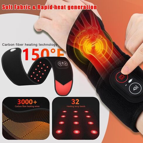 العلاج بالضوء الأحمر للمعصم، جهاز دعم نفق الرسغ مع اهتزاز حراري، مدلك المعصم مع 36 مصباح LED 660 نانومتر/850 نانومتر، لفافة وسادة تسخين لاسلكية، 3000 مللي أمبير قابلة لإعادة الشحن لراحة اليد والاسترخاء اليومي in Kuwait