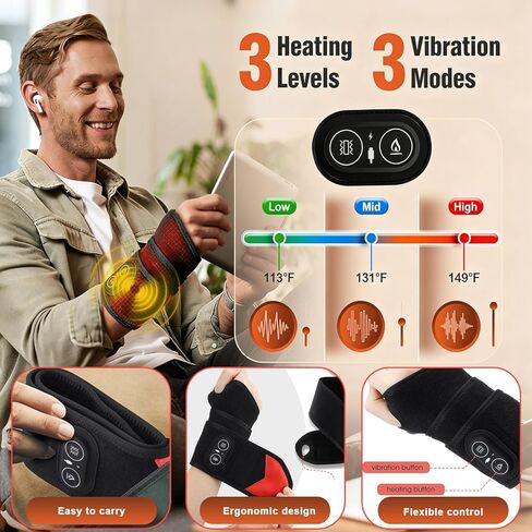 العلاج بالضوء الأحمر للمعصم، جهاز دعم نفق الرسغ مع اهتزاز حراري، مدلك المعصم مع 36 مصباح LED 660 نانومتر/850 نانومتر، لفافة وسادة تسخين لاسلكية، 3000 مللي أمبير قابلة لإعادة الشحن لراحة اليد والاسترخاء اليومي in Kuwait