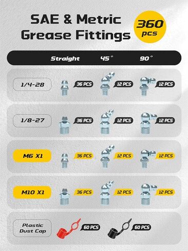 مجموعة تركيبات الشحوم AZUNO، 240 قطعة SAE وحلمات الشحوم المترية NPT 1/4 بوصة 1/8 بوصة M6 M10، تركيبات زيرك الشحوم المستقيمة 45 90 درجة مع أغطية لمسدس الشحوم in Kuwait