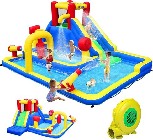 JOYMOR 10-in-1 Inflatable Water Slide Bounce House w/Deeper Pool, Obstacle Course, Climbing Wall, 1min Blow Up Water Slides for Kids Backyard Party Gift (Blower Included) in Saudi Arabia