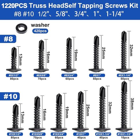 Taiss 1220 قطعة #8#10 براغي ذاتية اللصق للمعادن 410 براغي حفر ذاتية من الفولاذ المقاوم للصدأ (1/2 بوصة إلى 2 بوصة)، برغي معدني مطلي بالزنك الأسود للمعادن مع غسالة in Kuwait