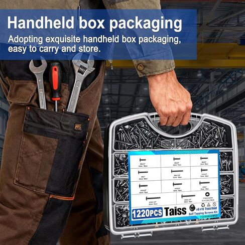 Taiss 1220 قطعة #8#10 براغي ذاتية اللصق للمعادن 410 براغي حفر ذاتية من الفولاذ المقاوم للصدأ (1/2 بوصة إلى 2 بوصة)، برغي معدني مطلي بالزنك الأسود للمعادن مع غسالة in Kuwait