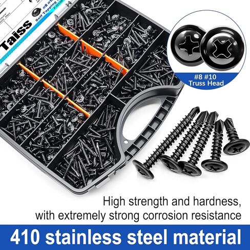 Taiss 1220 قطعة #8#10 براغي ذاتية اللصق للمعادن 410 براغي حفر ذاتية من الفولاذ المقاوم للصدأ (1/2 بوصة إلى 2 بوصة)، برغي معدني مطلي بالزنك الأسود للمعادن مع غسالة in Kuwait