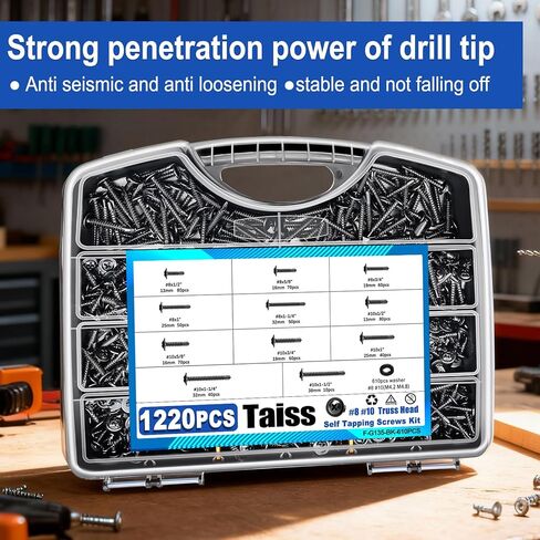 Taiss 1220 قطعة #8#10 براغي ذاتية اللصق للمعادن 410 براغي حفر ذاتية من الفولاذ المقاوم للصدأ (1/2 بوصة إلى 2 بوصة)، برغي معدني مطلي بالزنك الأسود للمعادن مع غسالة in Kuwait