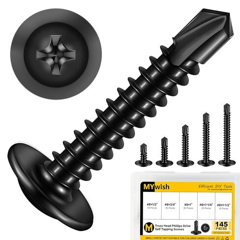 Mywish 145 Pieces #8 Self Tapping Screws Assortment Kit for Metal, Length 1/2"-1-1/2", 410 Stainless Steel Truss Head Self-Drilling Screws Black Oxided Quick Tapping Screw in Saudi Arabia
