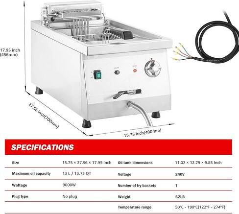 EGGKITPO 240V 9000W Commercial Electric Fryer with Oil Drain 13L Large Capacity 304 Stainless Steel Oil Tank Deep Fryer with Basket and Lid for Restaurant and Business (no plug) in Kuwait
