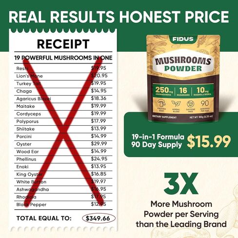 مسحوق مكملات الفطر Fidus 16 مع 17,300 مجم، 90 يومًا، بديل قهوة الفطر للمناعة والتركيز والطاقة مع الأشواغاندا، وعرف الأسد، والشاغا والريشي، والأجسام المثمرة 100% in Kuwait