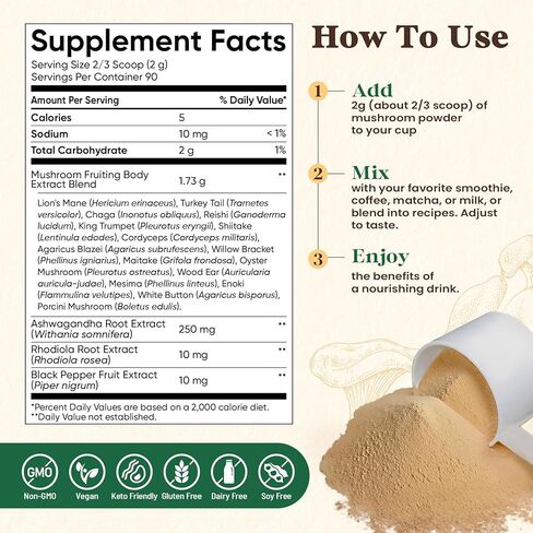 مسحوق مكملات الفطر Fidus 16 مع 17,300 مجم، 90 يومًا، بديل قهوة الفطر للمناعة والتركيز والطاقة مع الأشواغاندا، وعرف الأسد، والشاغا والريشي، والأجسام المثمرة 100% in Kuwait