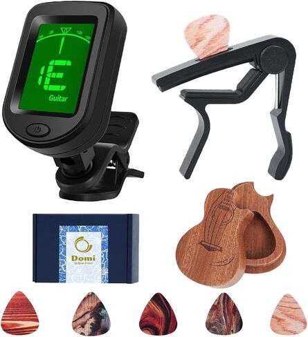Guitar Capo and Clip-On Tuner Set with 6 Picks & Holder, All-in-One Chromatic Tuner for Guitar, Bass, Ukulele, Violin - Ideal Gift (Rosewood) in Kuwait