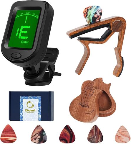 Guitar Capo and Clip-On Tuner Set with 6 Picks & Holder, All-in-One Chromatic Tuner for Guitar, Bass, Ukulele, Violin - Ideal Gift (Rosewood) in Kuwait
