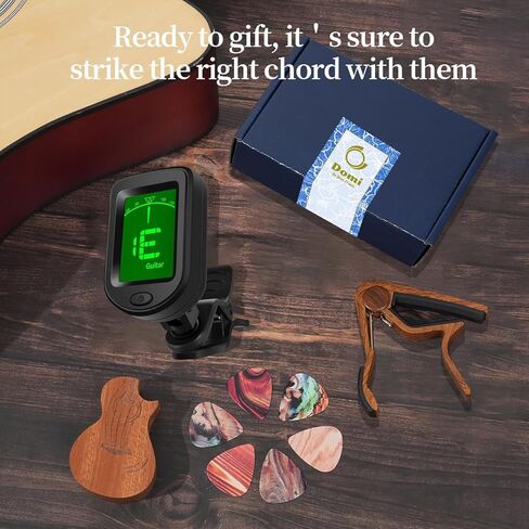 Guitar Capo and Clip-On Tuner Set with 6 Picks & Holder, All-in-One Chromatic Tuner for Guitar, Bass, Ukulele, Violin - Ideal Gift (Rosewood) in Kuwait