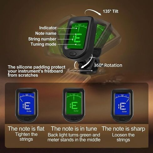 Guitar Capo and Clip-On Tuner Set with 6 Picks & Holder, All-in-One Chromatic Tuner for Guitar, Bass, Ukulele, Violin - Ideal Gift (Rosewood) in Kuwait
