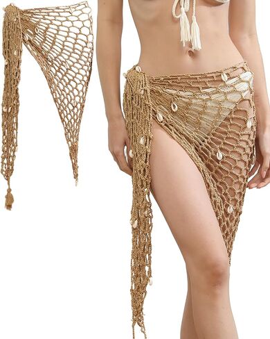 Women's Crochet Beach Cover Up Hollow Out Triangle Shawl Wrap Fishnet Skirt with Shells/Sequins in Kuwait