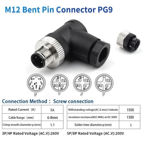1Pcs M12-PG7 PG9 Socket Connector 3 4 5 8 Pin Straight Bent Male Female Screw Threaded Coupling(PG9 Male Bent,8 Pin) in Kuwait
