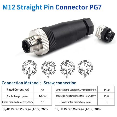 1Pcs M12-PG7 PG9 Socket Connector 3 4 5 8 Pin Straight Bent Male Female Screw Threaded Coupling(PG7 Male Straight,8 Pin) in Kuwait