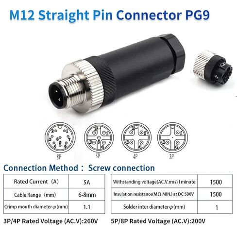 1Pcs M12-PG7 PG9 Socket Connector 3 4 5 8 Pin Straight Bent Male Female Screw Threaded Coupling(PG9 Male Straight,3 Pin) in Kuwait