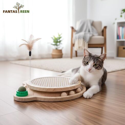 Toy Cat Scratcher التفاعلية ، وسادة خدش سيزال ، خشب لعبة هريرة مع مسار كرة الجرس ، ودعابة الريشة للتمرين البدني العقلي لغز in Kuwait