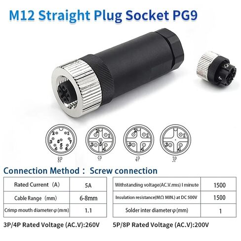 1Pcs M12-PG7 PG9 Socket Connector 3 4 5 8 Pin Straight Bent Male Female Screw Threaded Coupling(PG9 Female Straight,8 Pin) in Kuwait