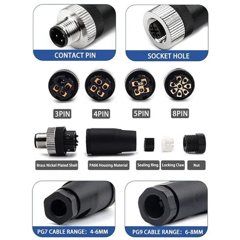 1Pcs M12-PG7 PG9 Socket Connector 3 4 5 8 Pin Straight Bent Male Female Screw Threaded Coupling(PG9 Female Straight,8 Pin) in Kuwait