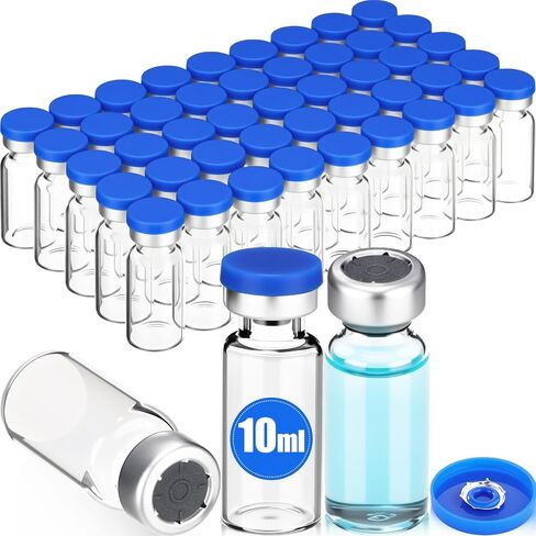 50 Pcs 10ml Sealed Sterile Empty Vials with Self Healing Injection Port Clear Glass Empty Vials with Plastic-Aluminum Flip Cap Sterile Injection Vial for Flat Bottom Lab Vial (Blue Lid) in Kuwait