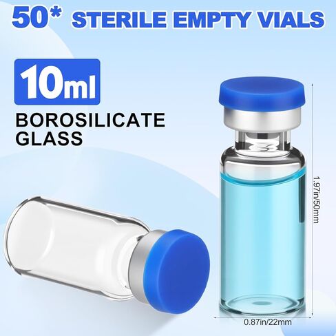50 Pcs 10ml Sealed Sterile Empty Vials with Self Healing Injection Port Clear Glass Empty Vials with Plastic-Aluminum Flip Cap Sterile Injection Vial for Flat Bottom Lab Vial (Blue Lid) in Kuwait