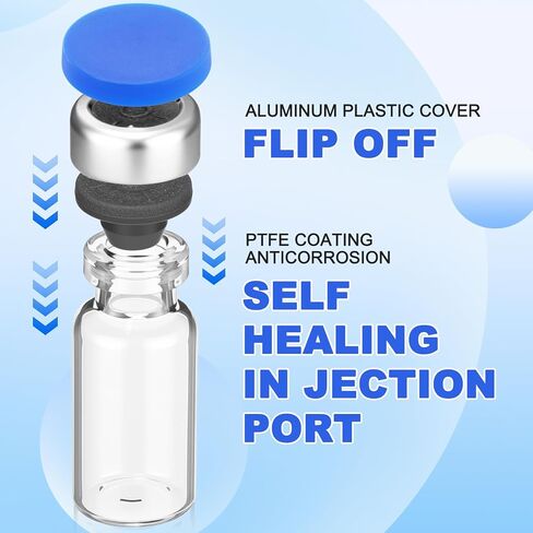 50 Pcs 10ml Sealed Sterile Empty Vials with Self Healing Injection Port Clear Glass Empty Vials with Plastic-Aluminum Flip Cap Sterile Injection Vial for Flat Bottom Lab Vial (Blue Lid) in Kuwait